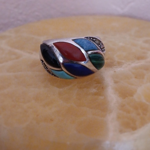 Silver Tone Faux Multi Colored Stone Marcasite Ring - Picture 1 of 4